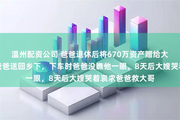 温州配资公司 爸爸退休后将670万资产赠给大哥，第二天他把爸爸送回乡下，下车时爸爸没瞧他一眼，8天后大嫂哭着哀求爸爸救大哥